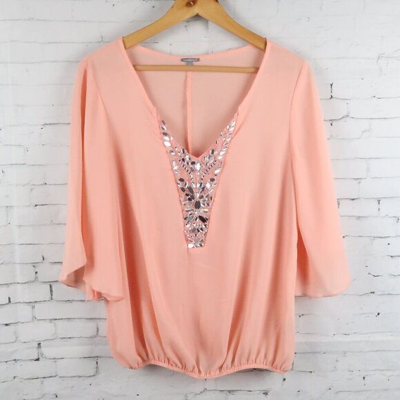 CHARLOTTE RUSSE PEACH V NECK BUTTERFLY SLEEVE TOP WITH BLING DETAIL SIZE LARGE - Picture 1 of 8